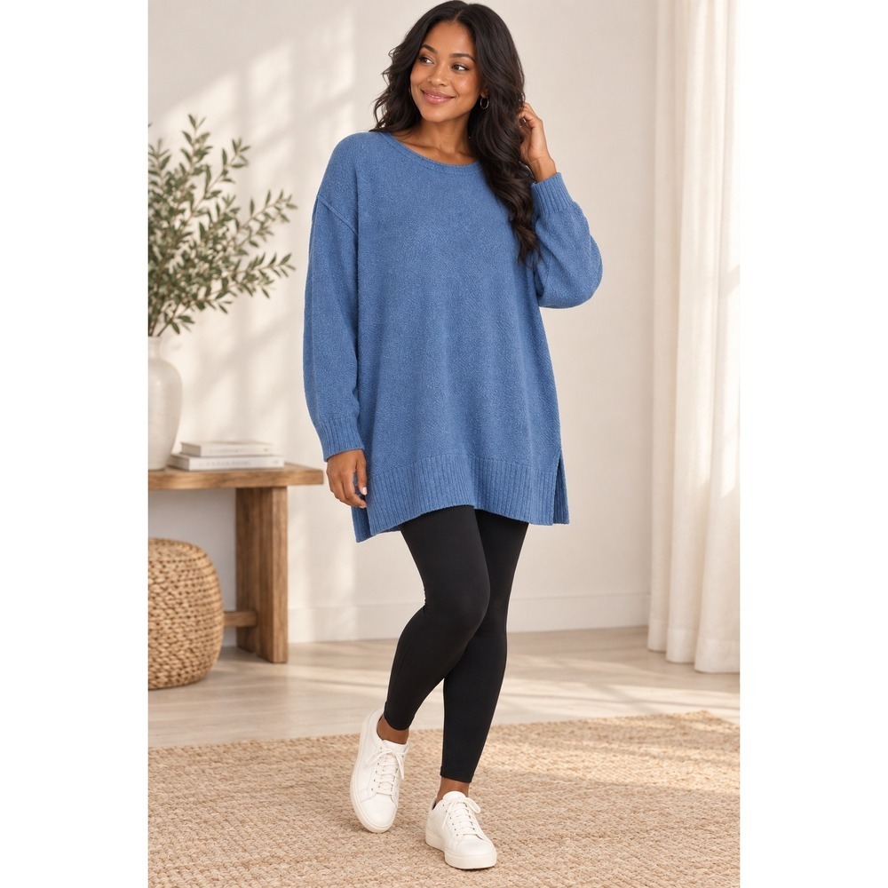 Free People Beach Blue Oversized Longline Tunic Sweater Relaxed Coastal Knit